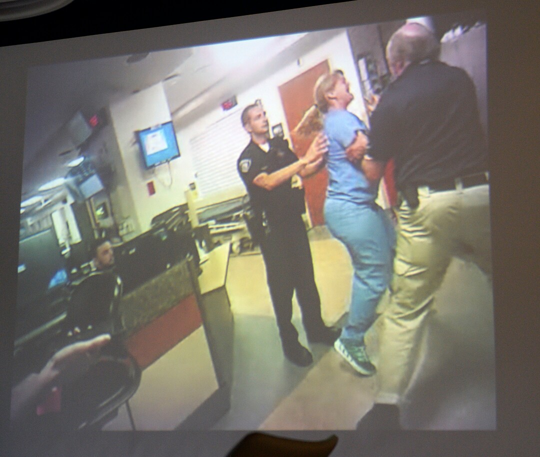 (Al Hartmann  |  The Salt Lake Tribune)                                                                                                                                      Still photo taken from previously undisclosed video of a Salt Lake City police officer assaulting and arresting University of Utah Hospital on-duty nurse Alex Wubbels for following her hospital’s policy on blood draws from an unconscious victim.   
