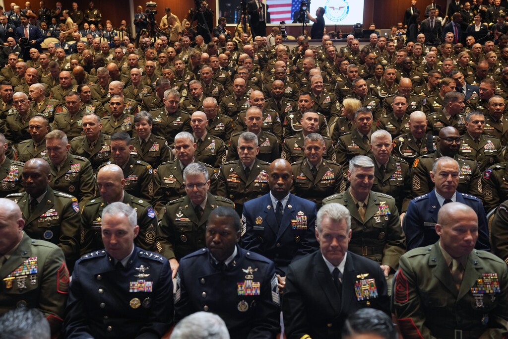 (Doug Mills | The New York Times) Part of the crowd of hundreds of U.S. generals and admirals from around the globe gather at the Marine Corps base in Quantico, Va., on Tuesday morning, Sept. 30, 2025, for a highly unusual meeting with President Donald Trump and Defense Secretary Pete Hegseth.