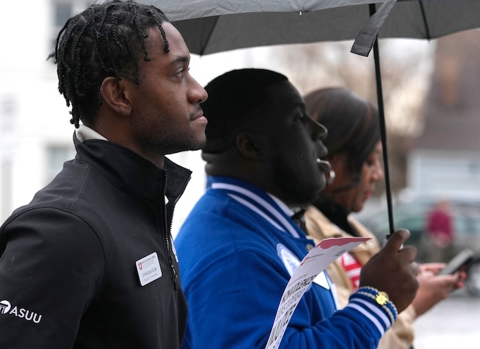 (Leah Hogsten | The Salt Lake Tribune) Over 200 people participated in the march from East High School to Kingsbury Hall on Monday. To commemorate the legacy and work of Martin Luther King, Jr. and many other activists fighting for racial equality during the Civil Rights movement, the University of Utah's office of Equity, Diversity & Inclusion kicked off MLK Week 2023 with a rally at East High School, followed by a march to Kingsbury Hall, Jan. 16, 2023. 
