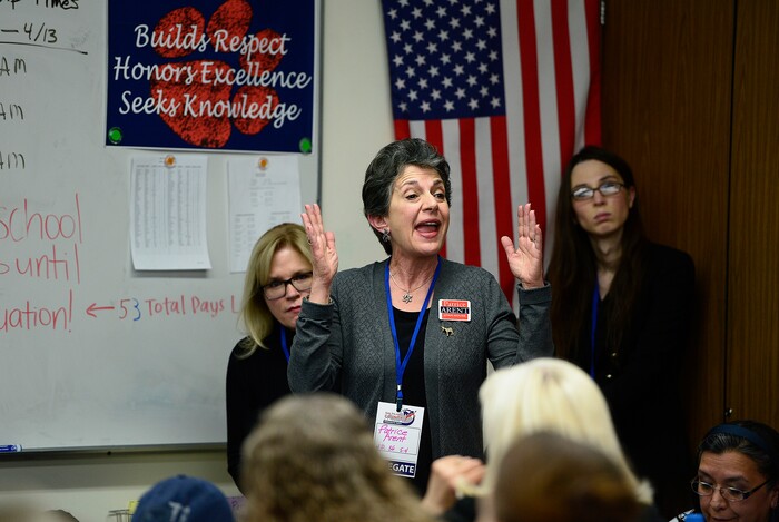 (Scott Sommerdorf | The Salt Lake Tribune)
Rep. Patrice Arent, D-Salt Lake, speaks at the Democratic Health Care Caucus at the Salt Lake County Democratic Convention where delegates pick their favorites for county/legislative races, Saturday, April 14, 2018.