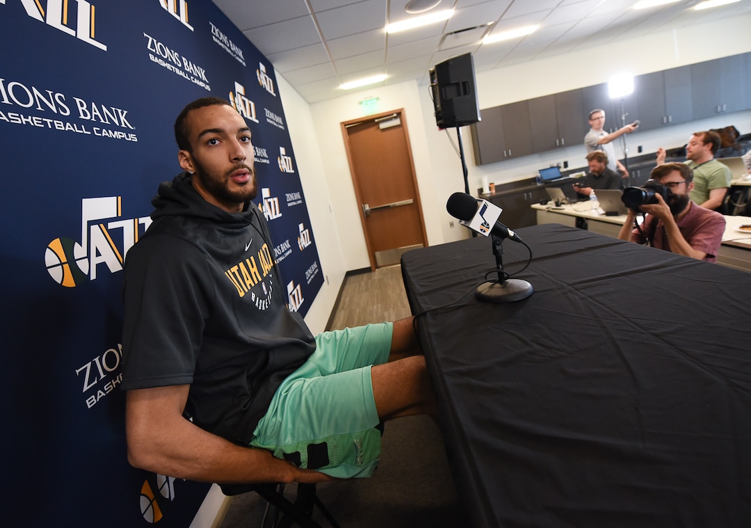 (Francisco Kjolseth  |  The Salt Lake Tribune)  Utah Jazz center Rudy Gobert arrives to speaks with the media during exit interviews at their practice facility in Salt Lake City Wed., May 8, 2018, after losing to the Houston Rockets in game 5 of their Western Conference Finals during the 2018 NBA Playoffs.