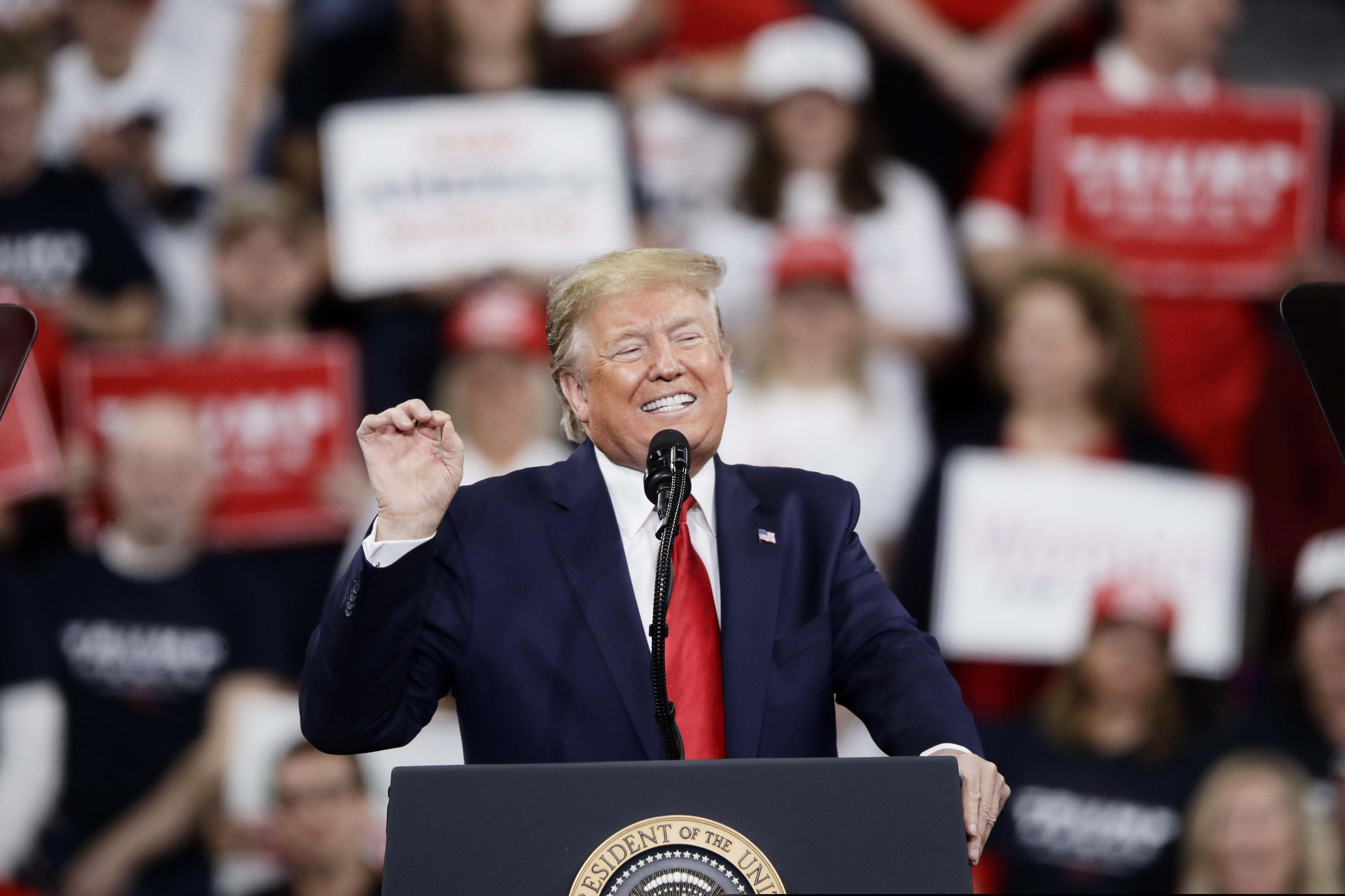 President Donald Trump speaks during a campaign rally in Hershey, Pa., Tuesday, Dec. 10, 2019. (AP Photo/Matt Rourke)