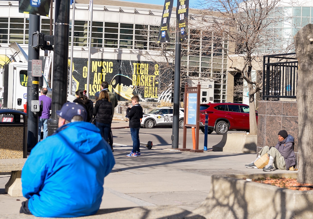 (Chris Samuels | The Salt Lake Tribune) Tourists and locals walk outside the Salt Palace Convention Center in Salt Lake City, Friday, Feb. 17, 2023.
