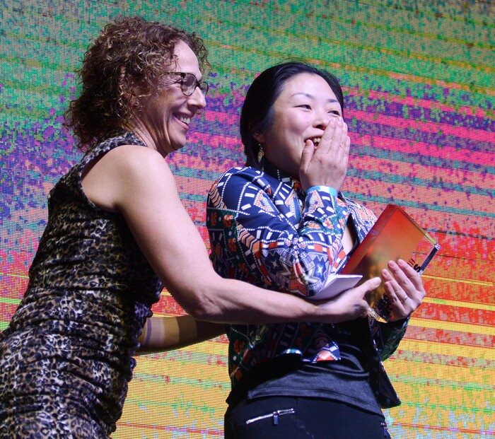 Leah Hogsten  |  The Salt Lake Tribune  l-r Jialing Zhang accepts the Sundance U.S. Grand Jury Prize for her documentary One Child Nation with Nanfu Wang  during the awards ceremony for the 2019 Sundance Film Festival at the Basin Fieldhouse in Park City, Feb. 2, 2019. 