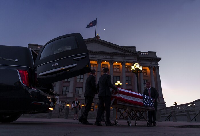(Leah Hogsten | The Salt Lake Tribune)  The casket carrying former U.S. Sen. Orrin Hatch is loaded into a hearse after a public viewing at the Utah Capitol on Wednesday, May 4, 2022. Hatch, the longest-serving Republican senator in U.S. history and the longest-serving from Utah, died April 23 at age 88.
