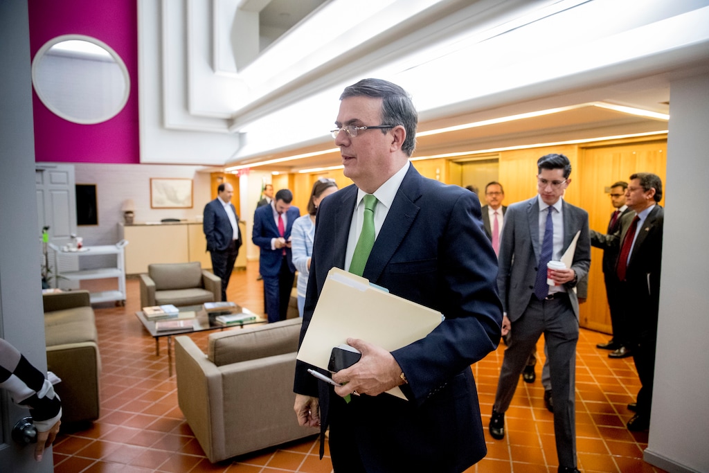 (Andrew Harnik | AP) Mexican Foreign Affairs Secretary Marcelo Ebrard arrives for a news conference at the Mexican Embassy in Washington, Tuesday, June 4, 2019, as part of a Mexican delegation in Washington for talks following trade tariff threats from the Trump Administration.