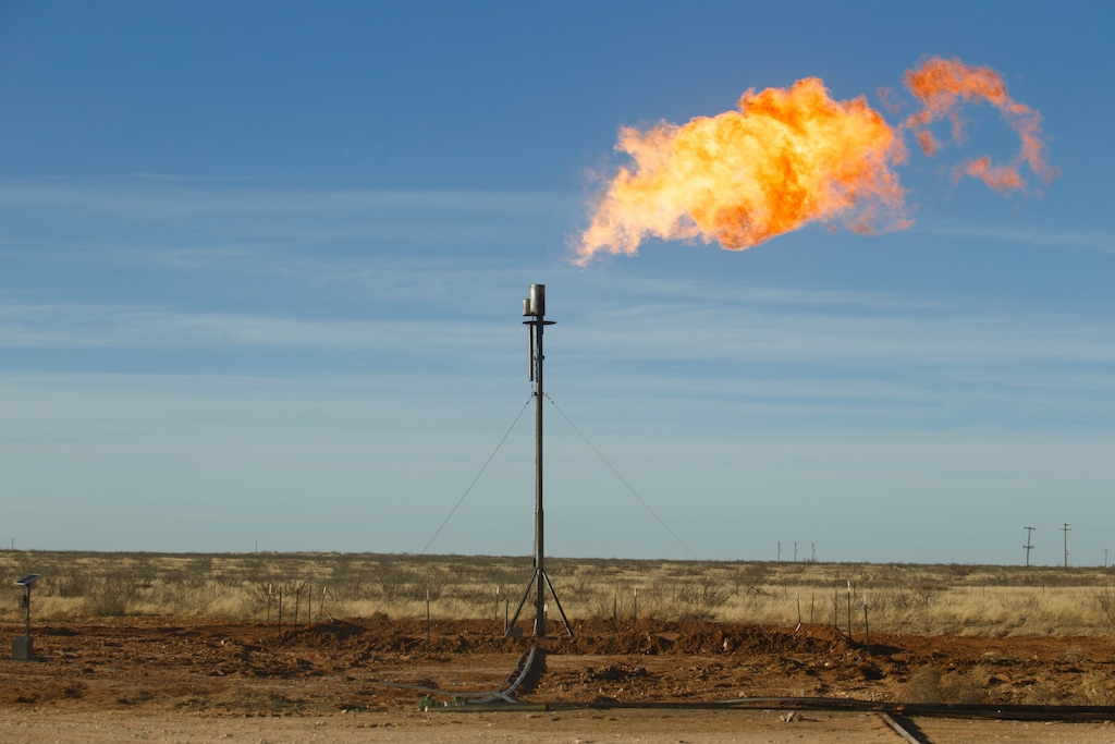 (Michael Stravato | The New York Times)

Natural gas being flared at well site north of Odessa, Texas, Jan. 29, 2016.