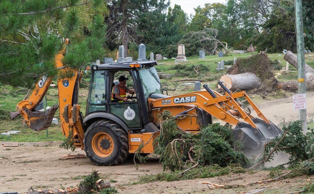 (Rick Egan  |  The Salt Lake Tribune)    Hundreds of headstones in the Salt Lake City Cemetery were damages in the recent wind storm, Friday, Sept. 18, 2020.