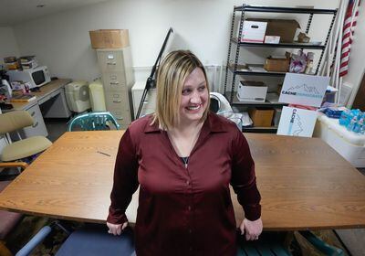 (Francisco Kjolseth  |  The Salt Lake Tribune) Shannon Rhodes, chair of the Cache County Democratic Party, poses for a portrait in the small office space the party occupies in Logan, Utah, on Tuesday, Feb. 20, 2024.