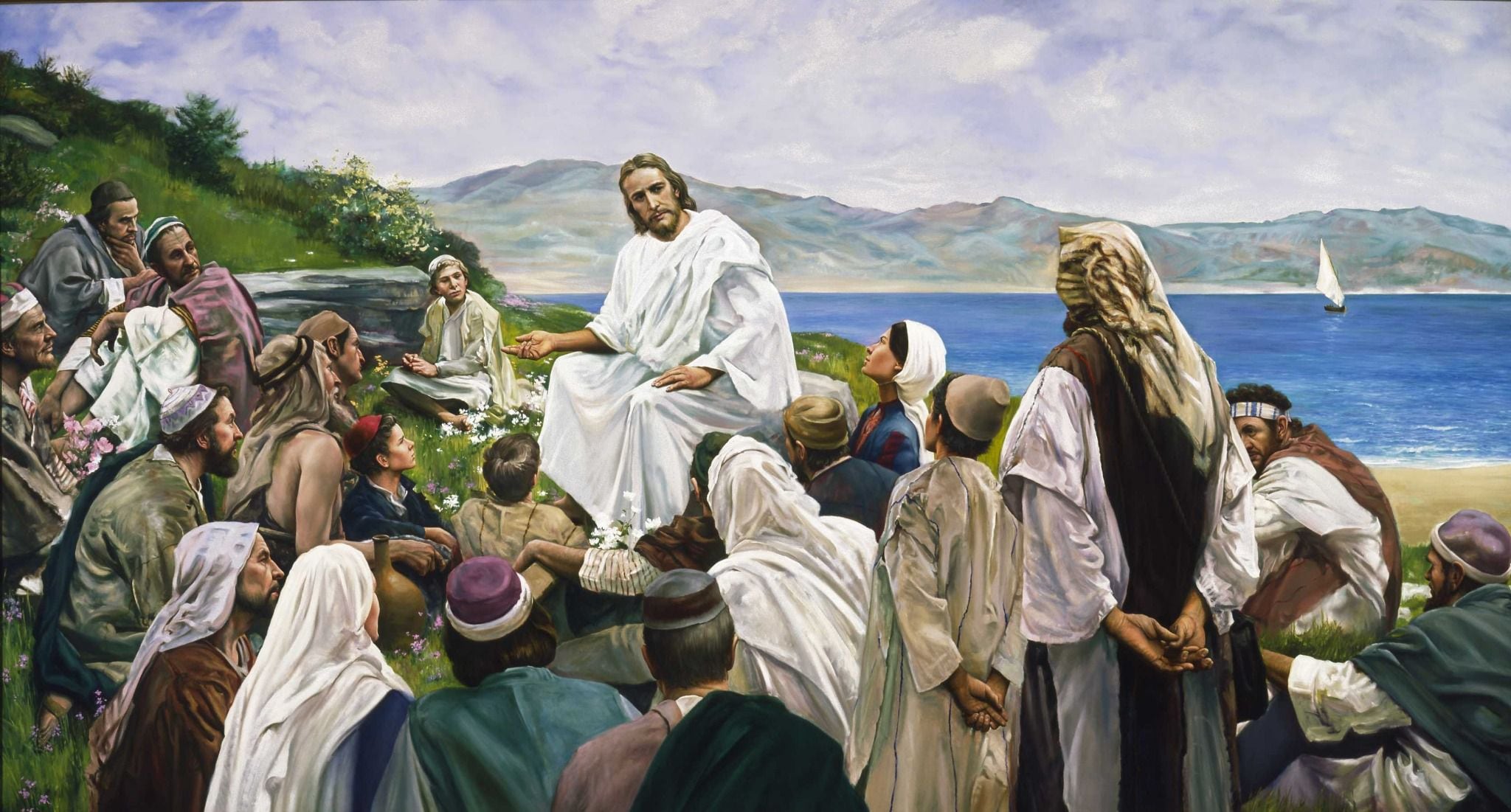 (The Church of Jesus Christ of Latter-day Saints)
"The Sermon on the Mount," by Harry Anderson has been approved for use in church foyers. Like most depictions of Christ, Jesus is bearded.
