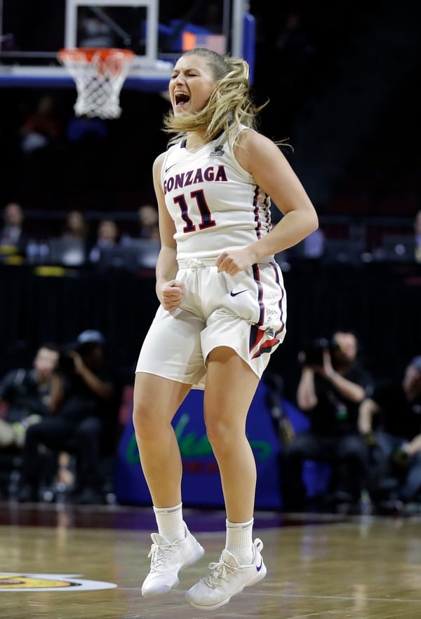 Gonzaga's Laura Stockton reacts during the first half of the West Coast Conference tournament championship NCAA women's college basketball game against San Diego, Tuesday, March 6, 2018, in Las Vegas. (AP Photo/Isaac Brekken)