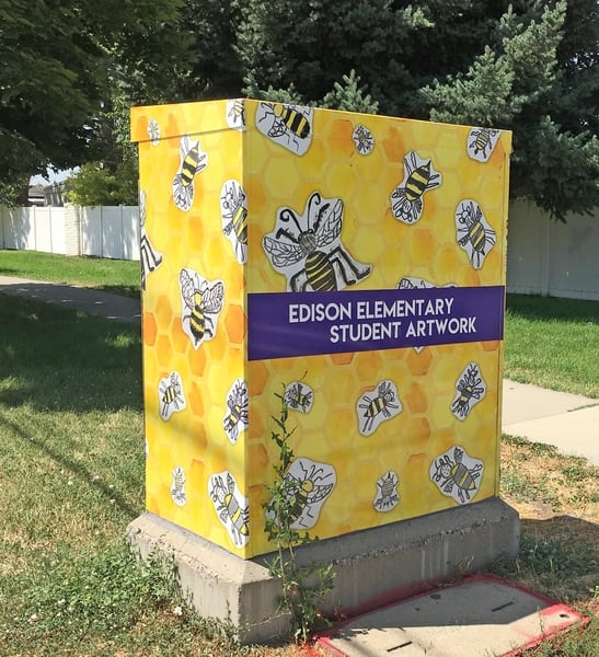 (Photo courtesy Salt Lake City Mayor's Office) A utility box near Edison Elementary School in Salt Lake City, decorated with artwork by the school's students, as part of the city's ColorSLC program.