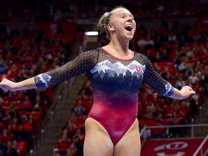 (Leah Hogsten  |  The Salt Lake Tribune) Utah’s Maile O’Keefe celebrates her 9.975 performance on the beam in February 2020. O'Keefe is a leader of a Red Rocks squad with national title aspirations this season.