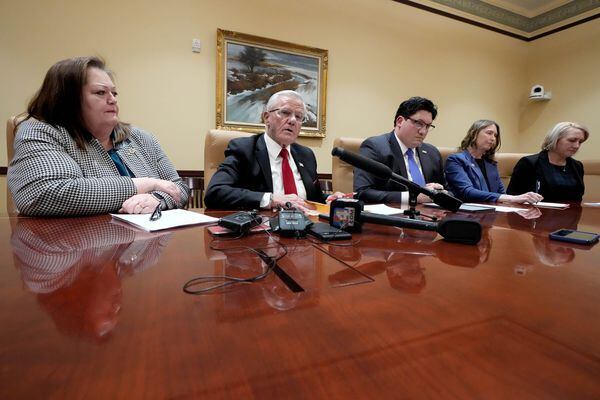(Francisco Kjolseth | The Salt Lake Tribune) Rep. Cheryl Acton, R-West Jordan, Rep. Dan Johnson, R-Logan, Rep. Ryan Wilcox, R-Ogden, Rep. Karen Peterson, R-Clinton, and Rep. Karianne Lisonbee, R-Clearfield, from left, hold a news conference at the Utah Capitol on Thursday, Feb. 2, 2023, to discuss school safety legislation. 
