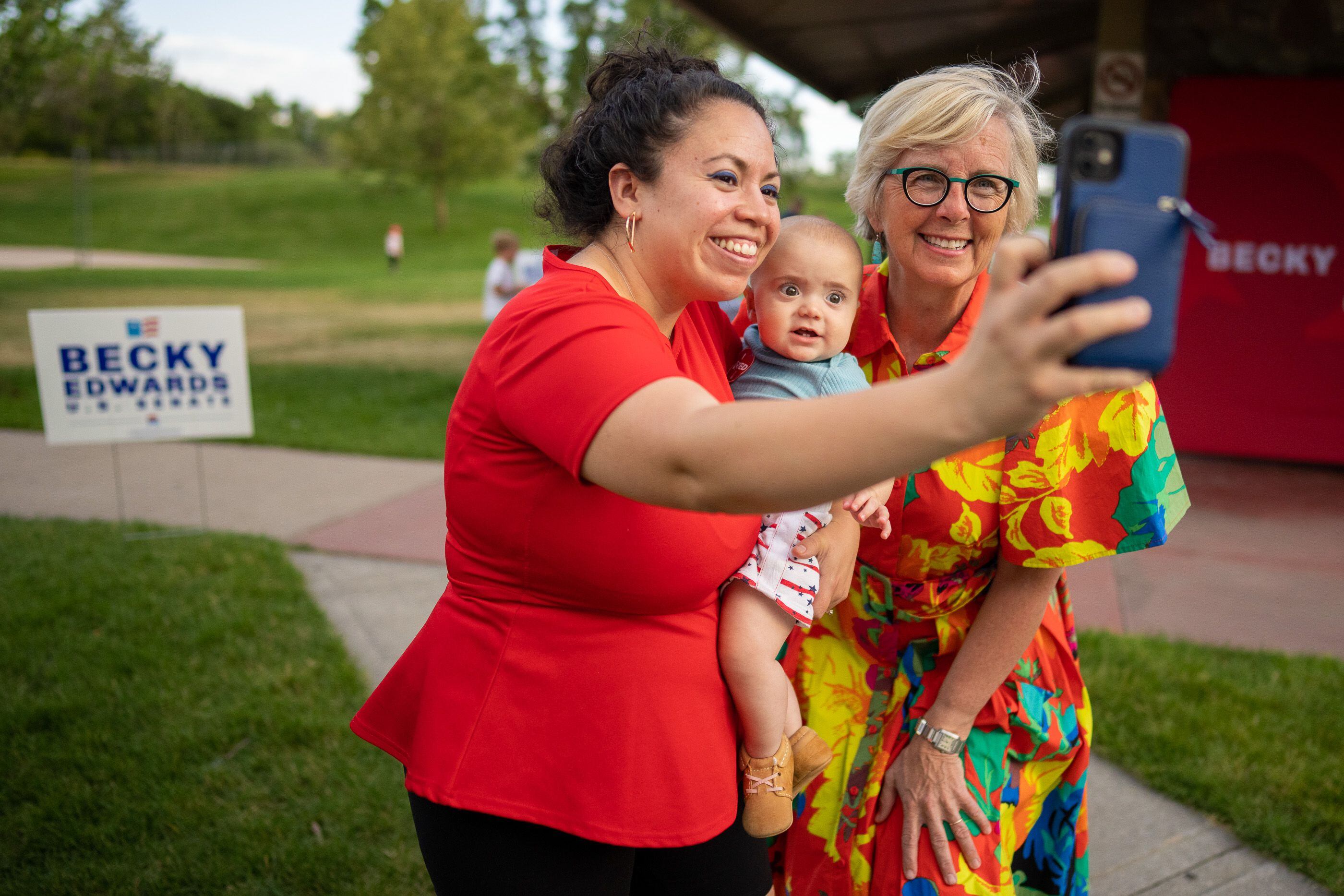 (Trent Nelson  |  The Salt Lake Tribune) Republican U.S. Senate candidate Becky Edwards poses for a photo at her primary election night party in Salt Lake City's Sugar House Park on Tuesday, June 28, 2022. From left are Yándary Chatwin, Clyde Chatwin, and Edwards.