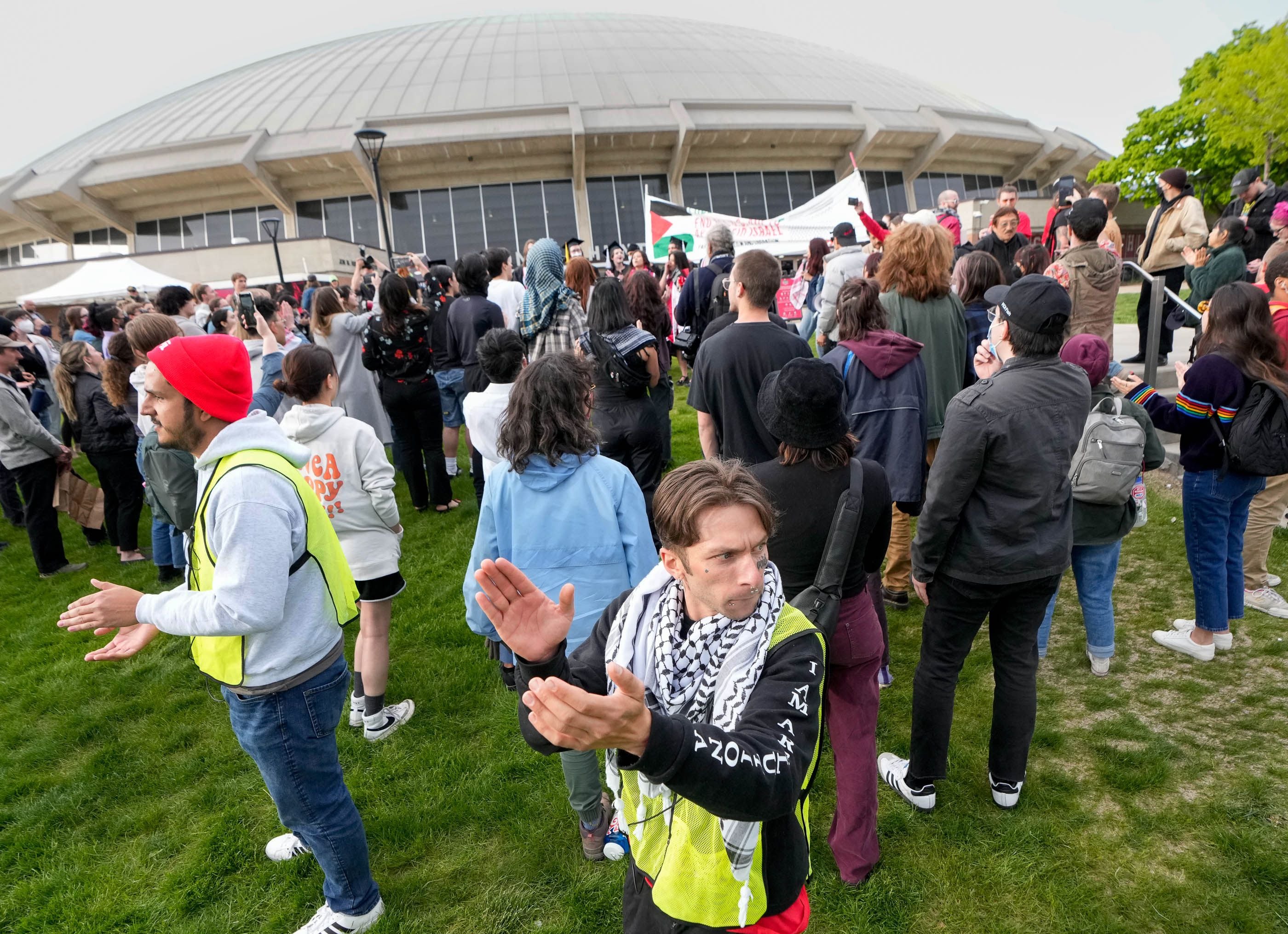(Francisco Kjolseth  |  The Salt Lake Tribune) Demonstrators gather in support of Palestine and to defend the right for students to assemble and protest during commencement ceremonies at the Huntsman Center on the University of Utah campus on Thursday, May 2, 2024.