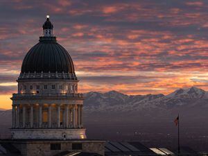 (Francisco Kjolseth | The Salt Lake Tribune) The sun sets on the Utah Capitol on Wednesday, Feb. 9, 2022.