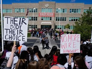 (Francisco Kjolseth | The Salt Lake Tribune) East High students walk out to protest the Supreme Court's leaked decision to overturn Roe v. Wade and give states the power to ban abortions on Thursday, May 12, 2022. What Utah students can learn about abortion isn't defined in law, so it's up to each district.
