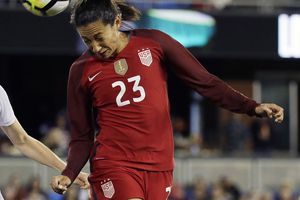 FILE - In this Nov. 12, 2017, file photo, United States forward Christen Press (23) heads the ball against Canada during the first half of an international friendly women's soccer match,  in San Jose, Calif. Sky Blue acquired Carli Lloyd in a draft-day trade on Thursday, Jan. 18, 2018, that also sent Christen Press to the Dash and Australian Sam Kerr to the Chicago Red Stars. (AP Photo/Eric Risberg, File)