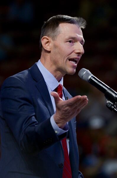 (Leah Hogsten | The Salt Lake Tribune) U. S. Senate candidate Mike Kennedy delivers his speech to the delegates at the Utah Republican Nominating Convention Saturday, April 21, 2018 at the Maverik Center. Kennedy and Mitt Romney will head to the primary. 