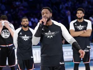 (Chuck Burton | AP) Team LeBron's Dwayne Wade, of the Miami Heat, speaks during the second half of an NBA All-Star basketball game, Sunday, Feb. 17, 2019, in Charlotte, N.C.