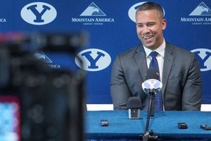 (Leah Hogsten | The Salt Lake Tribune)   Brigham Young University new assistant basketball coach Kahil Fennell answers questions about his decision to join the basketball team coaching staff at the Marriott Center Annex, Friday, May 27, 2022.