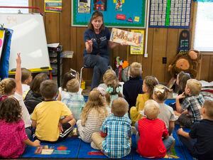 (Rick Egan  |  The Salt Lake Tribune)     Kindergarten teacher Connie Orton, reads to her students at John Hancock Charter School in Pleasant Grove, Friday, Sept. 7, 2018.