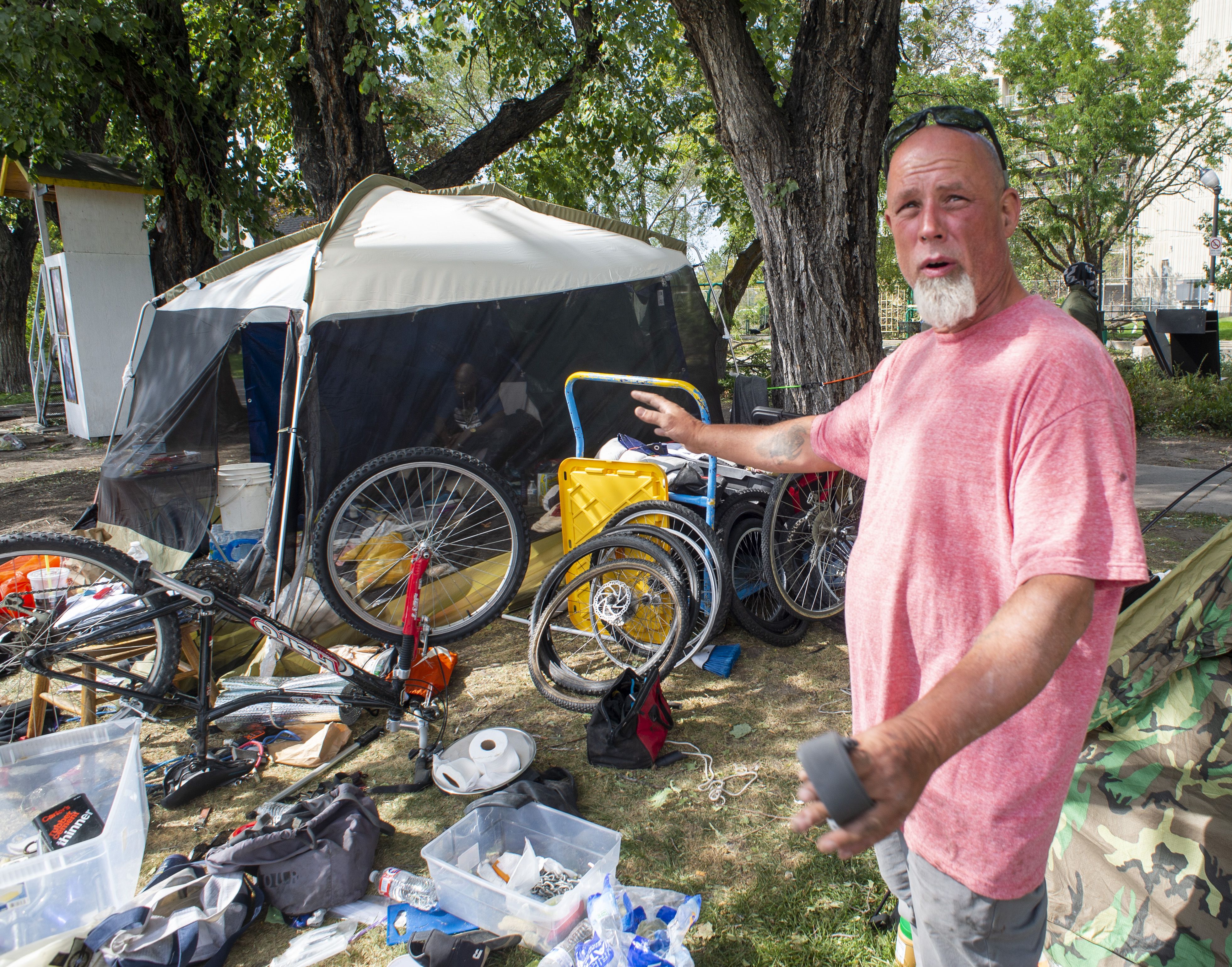 (Rick Egan  |  The Salt Lake Tribune) Richard Ryan discusses his options as he is notified on Wednesday, Sept. 10, 2020, that he will be forced to move his camp from Taufer Park in Salt Lake City first thing in the morning, fearing everything will be taken from him if he is not prepared when they arrive.