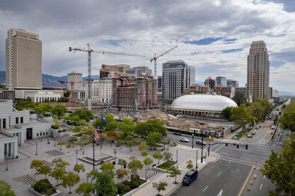 (Francisco Kjolseth | The Salt Lake Tribune) A look at downtown Salt Lake City, where much of the land is owned by The Church of Jesus Christ of Latter-day Saints, pictured on Wednesday, Sept. 28, 2022.