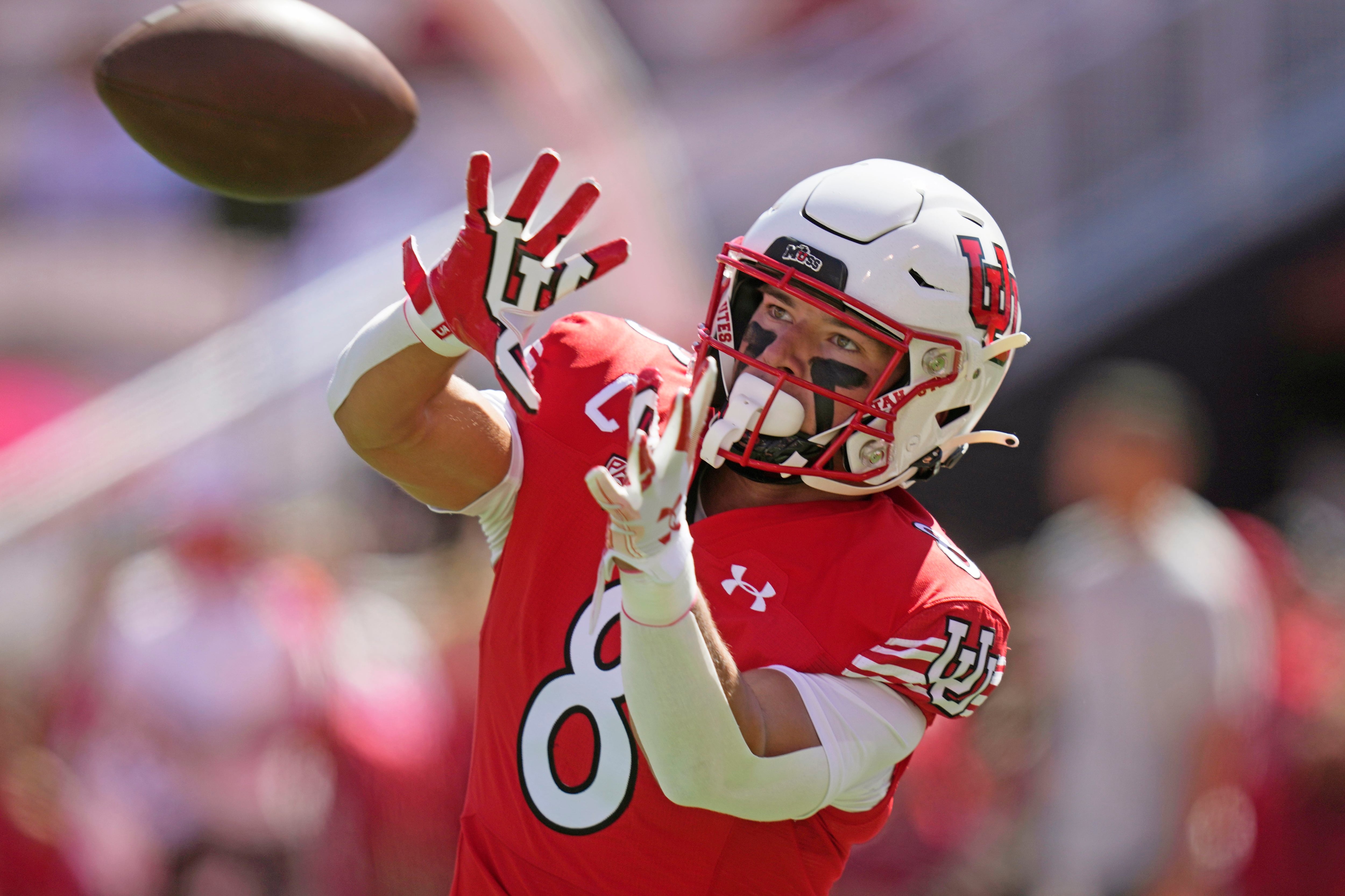 Utah safety Cole Bishop (8) warms up before an NCAA college football game against UCLA, Saturday, Sept. 23, 2023, in Salt Lake City. (AP Photo/Rick Bowmer)