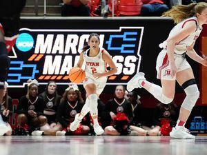 (Francisco Kjolseth | The Salt Lake Tribune) Utah Utes guard Ines Vieira (2) drives the ball down the court against Gardner-Webb of a first-round college basketball game in the NCAA Tournament, Friday, March 17, 2023, in Salt Lake City, Utah.