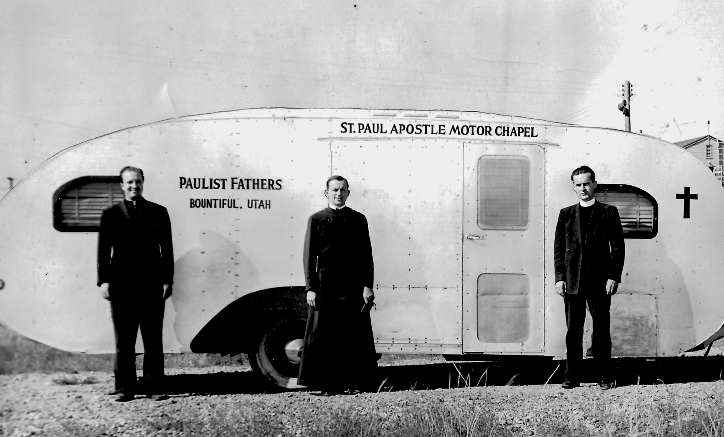 (Roman Catholic Diocese of Salt Lake City archives) The Paulist Fathers, an American missionary order, coped with the vastness of the state by bringing "church" to dispersed Catholics, outfitting a trailer in 1938 as a "motor chapel."