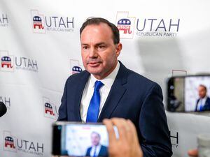 (Chris Samuels | The Salt Lake Tribune) U.S. Sen. Mike Lee speaks to media after winning the Utah Republican Party nominating vote, Saturday, April 23, 2022 in Sandy.