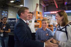 (Scott Sommerdorf | Tribune file photo)
Ben McAdams and his family celebrate just after it was announced that he had won his race at the Utah Democratic Convention, Saturday, April 28, 2018. McAdams' son Isaac McAdams raises his fist in victory as James and Julie McAdams react.