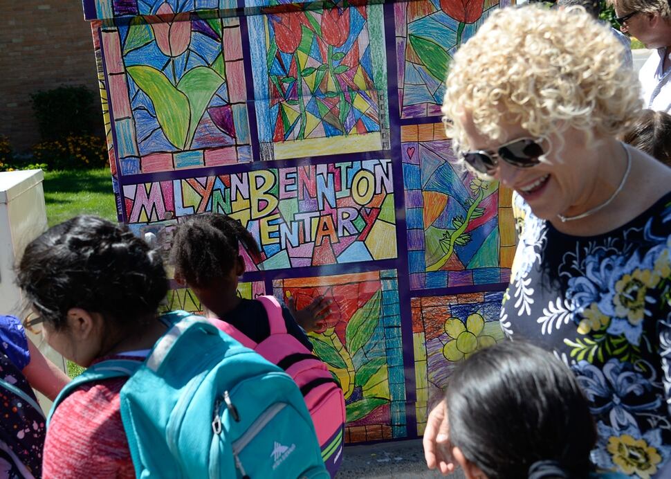 (Francisco Kjolseth | The Salt Lake Tribune) Salt Lake City schools alongside Bennion Elementary school kids and Mayor Jackie Biskupski unveil the final phase of its ColorSLC program, on Tuesday, Aug. 20, 2019, in which artwork from each of the district's elementary schools decorated utility boxes near each school.