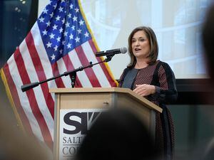 (Francisco Kjolseth | The Salt Lake Tribune) Salt Lake County Mayor Jenny Wilson gives her State of the County address in West Jordan on Monday, Jan. 23, 2023.