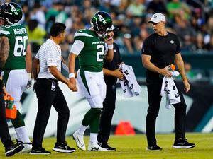 (Matt Rourke | AP) New York Jets' Zach Wilson is taken off the field after an injury during the first half of a preseason NFL football game against the Philadelphia Eagles on Friday, Aug. 12, 2022, in Philadelphia. (