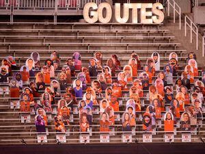 (Trent Nelson  |  The Salt Lake Tribune) Cardboard cutout fans in the stands as the Utah Utes hosts the USC Trojans, NCAA football at Rice-Eccles Stadium in Salt Lake City on Saturday, Nov. 21, 2020.