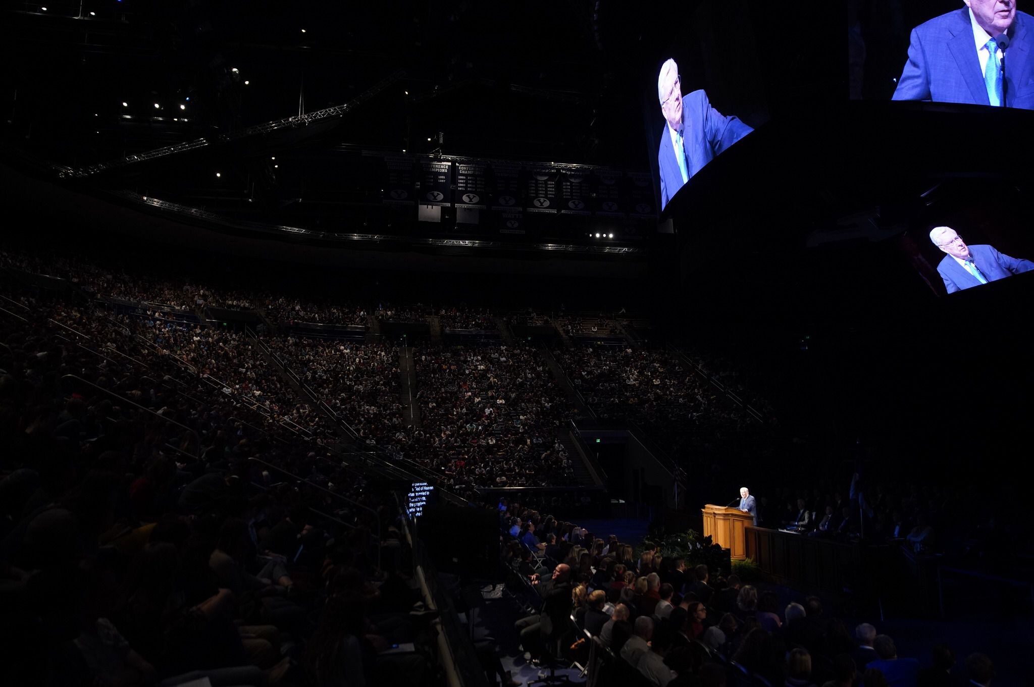 (Photo Courtesy of Brigham Young University) President M. Russell Ballard of the Quorum of the Twelve Apostles speaks at the Marriott Center to students at Brigham Young University on March 3, 2020.
