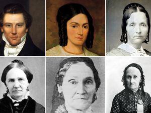 Joseph Smith, top left, and some of his wives, clockwise from top middle: Emma Hale Smith; Eliza R. Snow; Martha McBride (Knight Smith Kimball); Marinda Nancy Johnson (Hyde Smith); and Zina Diantha Huntington Jacobs (Smith Young).